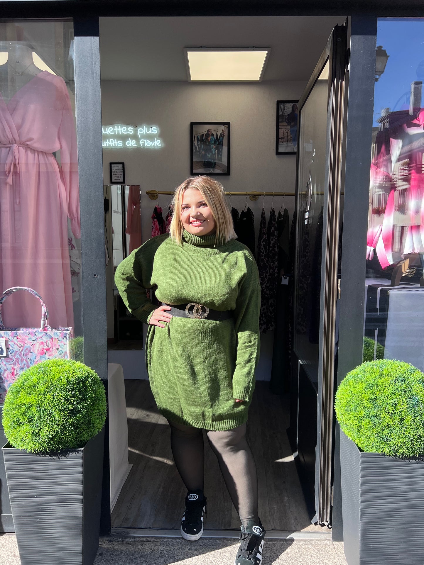 Robe pull verte col roulé