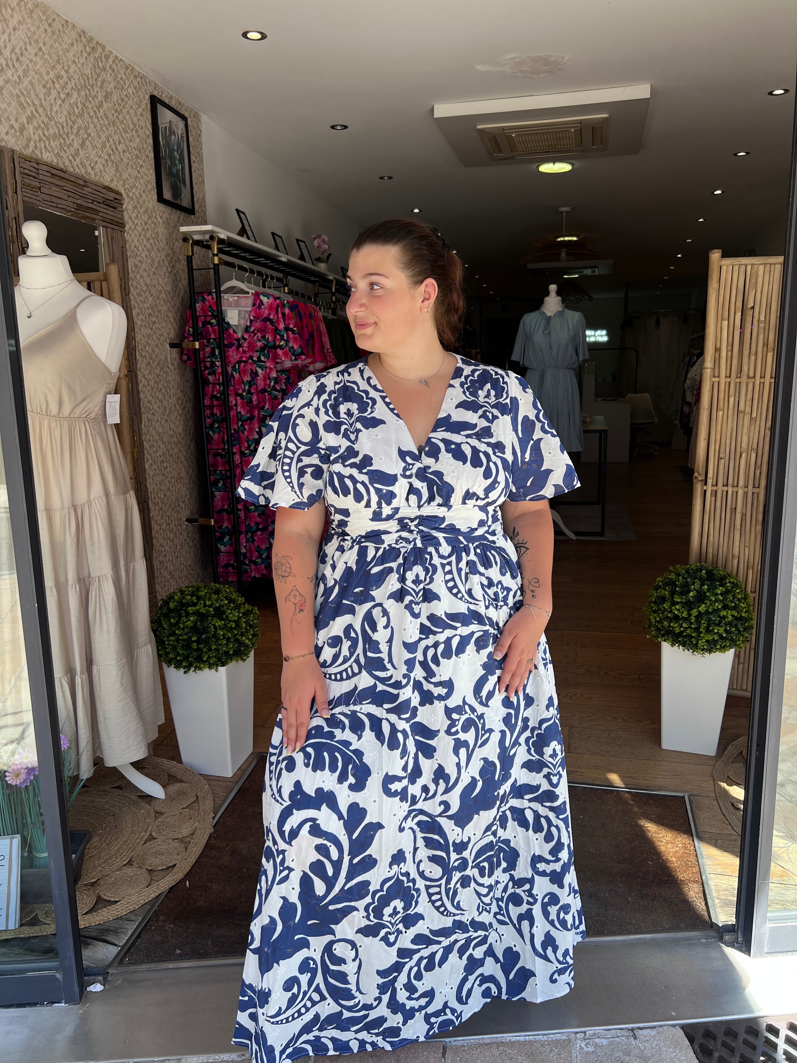 Robe longue fleurs bleu